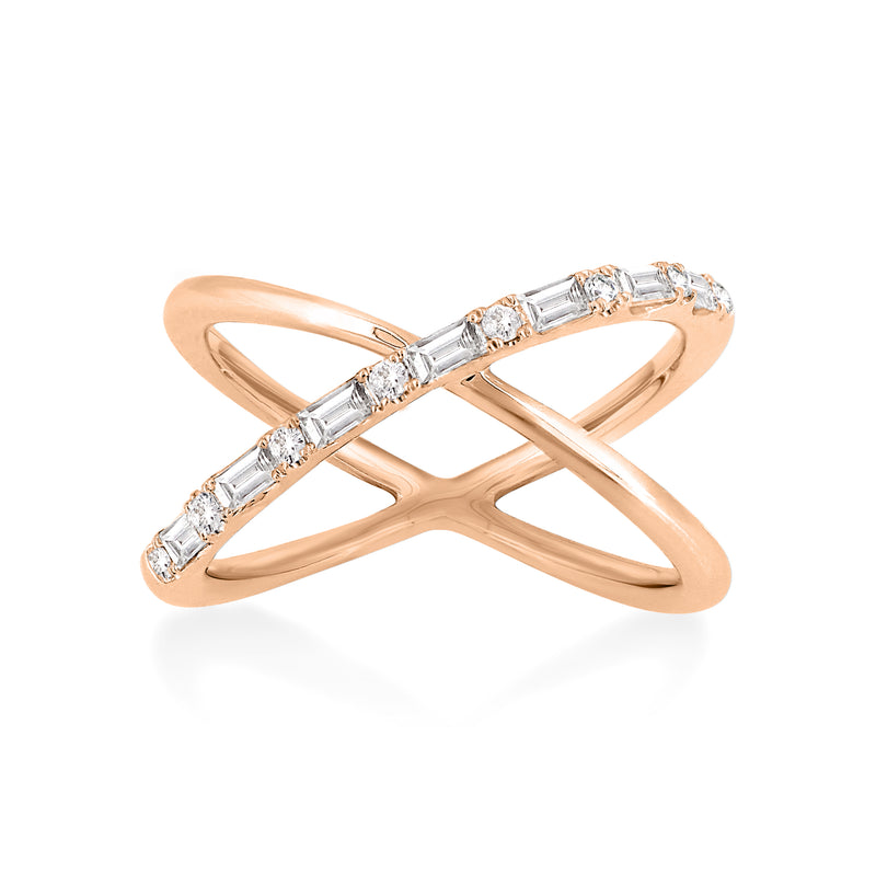 X style ring handcrafted in 18K rose gold with ethically-sourced baguette and round brilliant diamonds