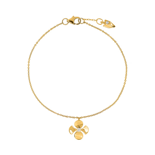 18K Yellow Gold Thin Chain Bracelet with a Begonia Flower Charm with a Round Brilliant Diamond