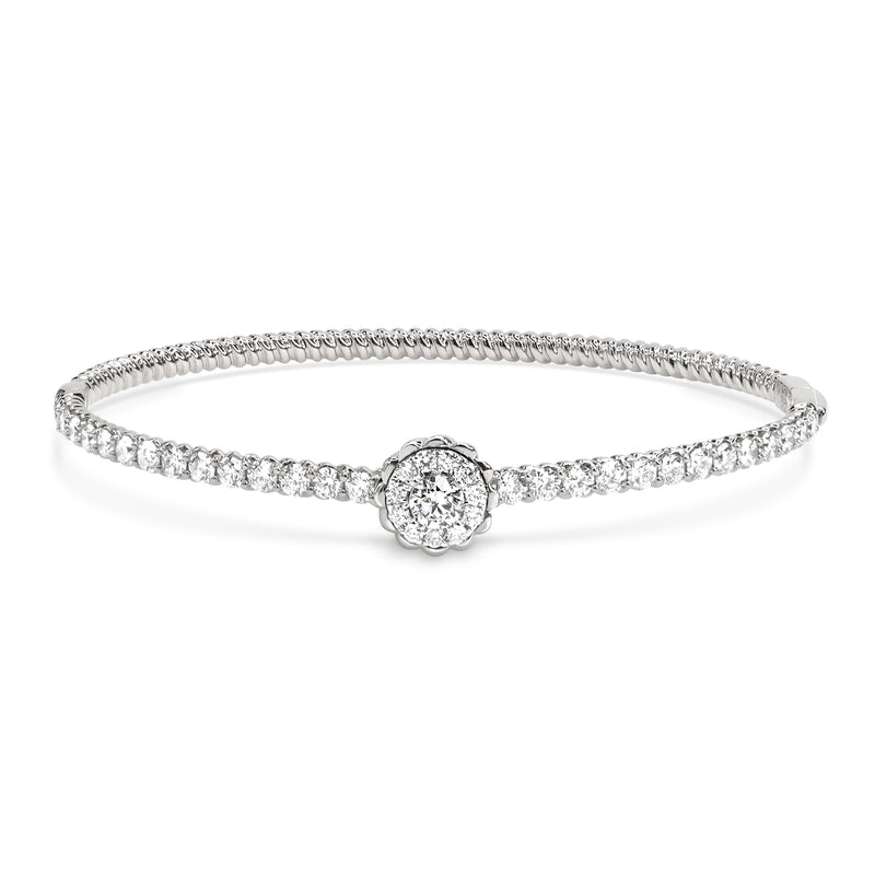 18K White Gold Bangle with a Blooming Flower Design Centrepiece. Bangle includes round brilliant diamonds