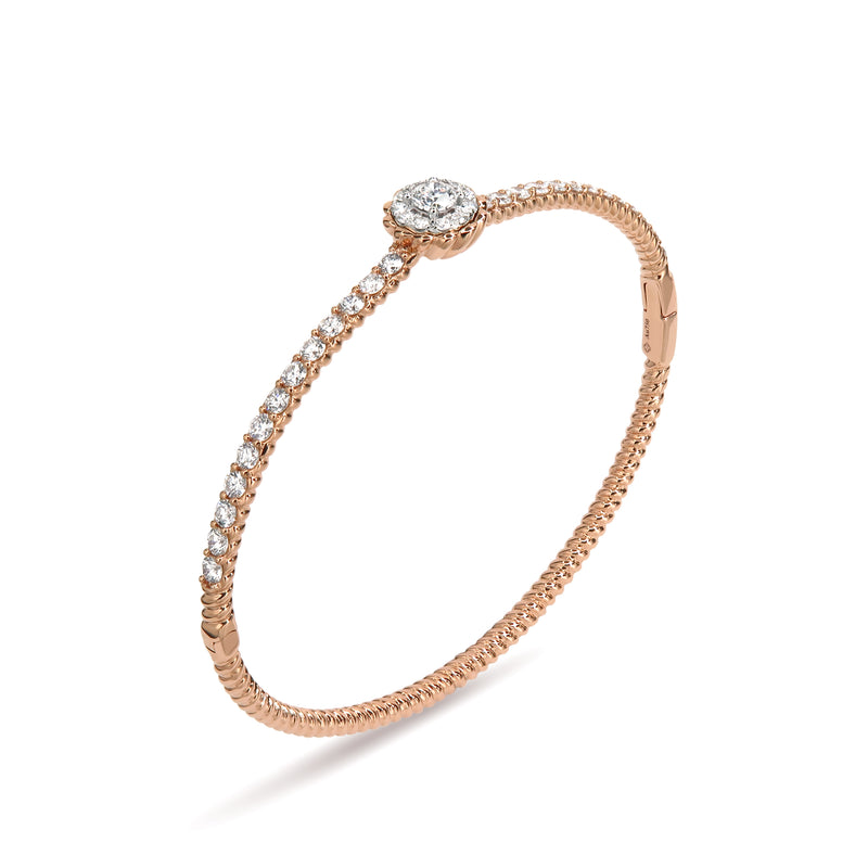 18K Rose Gold Bangle with a Blooming Flower Design Centrepiece. Bangle includes round brilliant diamonds