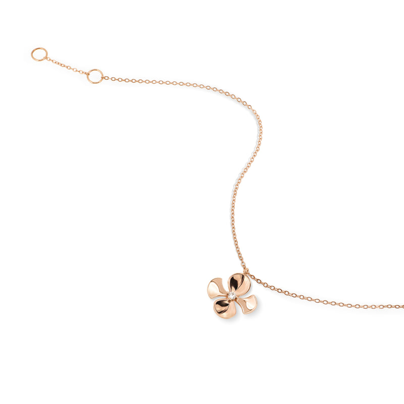 18K Rose Gold Thin Chain Bracelet with a Begonia Flower Charm with a Round Brilliant Diamond