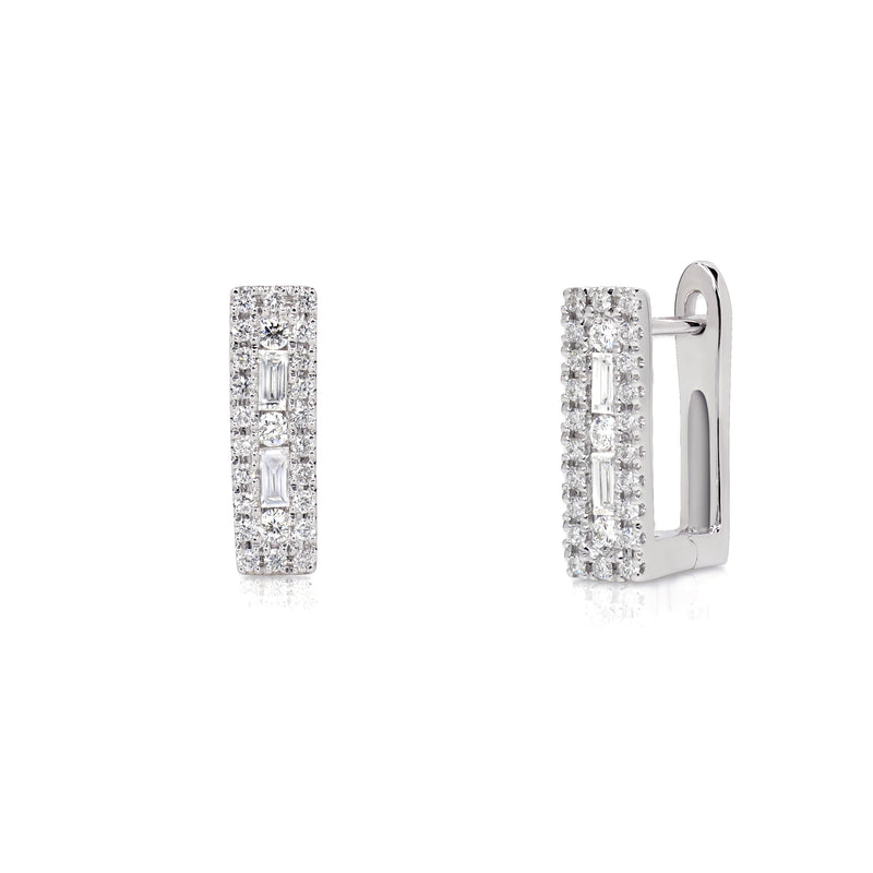 18K white gold square hoop earrings with ethically-sourced round brilliant and baguette diamonds