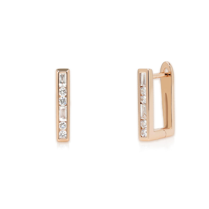 Petite square shaped hoop earrings with round brilliant and baguette diamonds