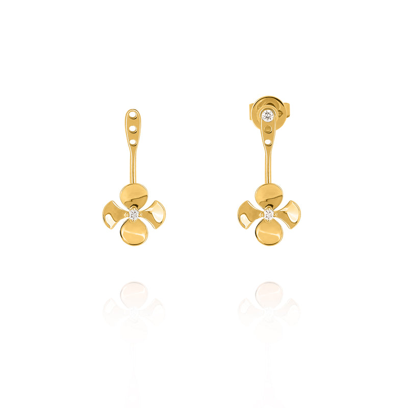 Begonia Flower Drop Earrings handcrafted in 18K Yellow Gold with Round Brilliant Diamonds
