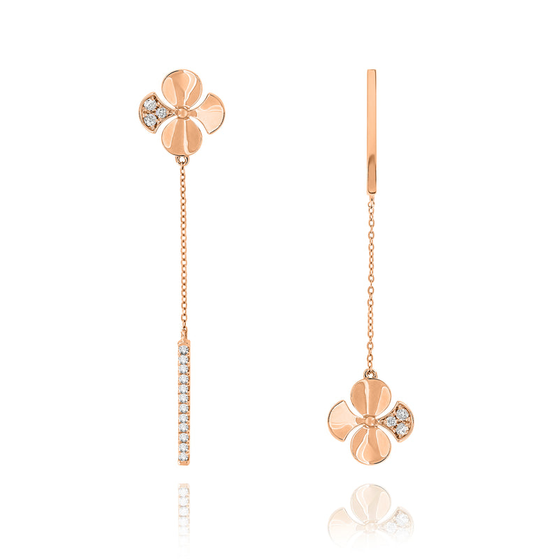 Drop Chain Earrings in alternating diamond bar and a Begonia Flower chain drop. Handcrafted in 18K Rose Gold and Round Brilliant Diamonds. 