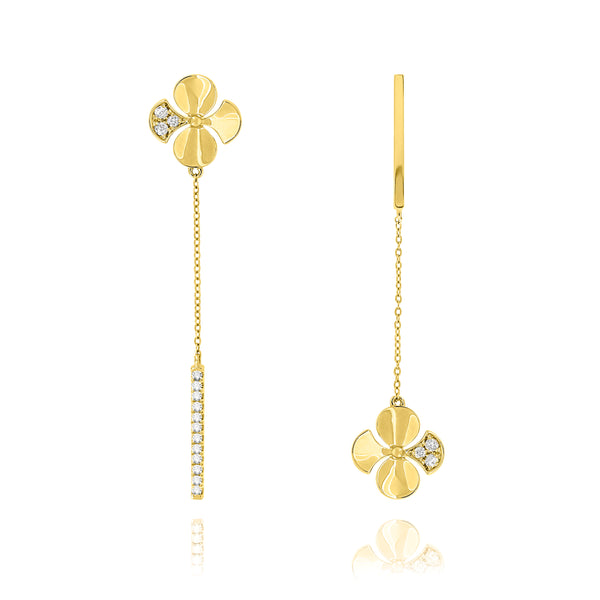 Drop Chain Earrings in alternating diamond bar and a Begonia Flower chain drop. Handcrafted in 18K Yellow Gold and Round Brilliant Diamonds. 