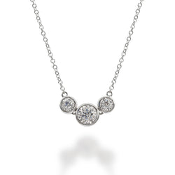 18K White Gold Thin Chain Necklace with Three Round Brilliant Diamond pendant. 