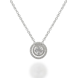 18K white gold necklace with a diamond centre-stone and two diamond halo rings bordering the centre-stone. 