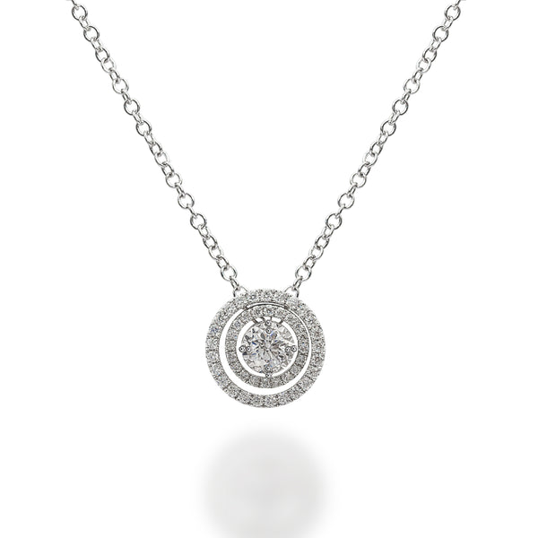 18K white gold necklace with a diamond centre-stone and two diamond halo rings bordering the centre-stone. 