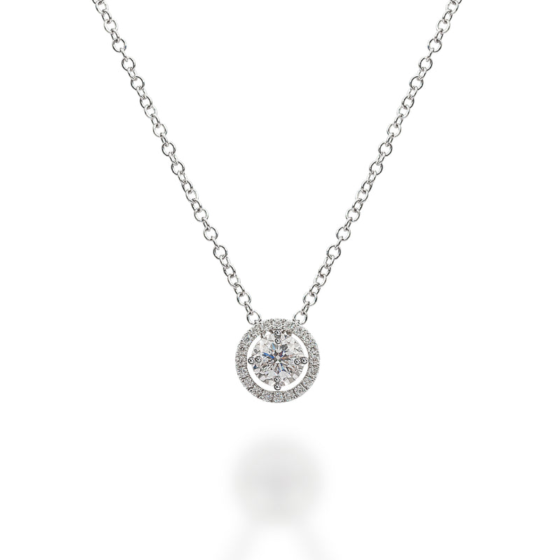18K white gold necklace with a diamond centre-stone and one diamond halo ring bordering the centre-stone.