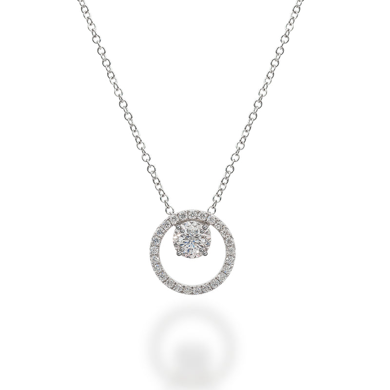 18K white gold necklace with a diamond centre-stone and one diamond halo ring bordering the centre-stone.