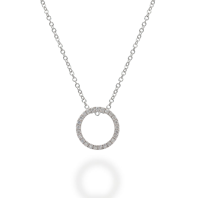 18K white gold necklace with a diamond halo ring pendant. 