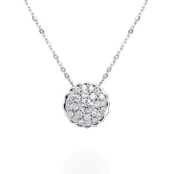 18K gold necklace with a diamond pendant. Pendant is made up of 25 round brilliant diamonds. 