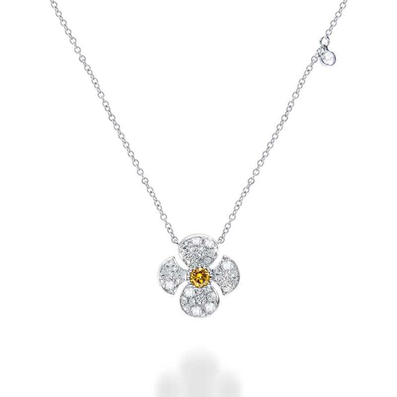 Platinum necklace with a floral design with ethically-sourced round brilliant, rose-cut and yellow diamonds