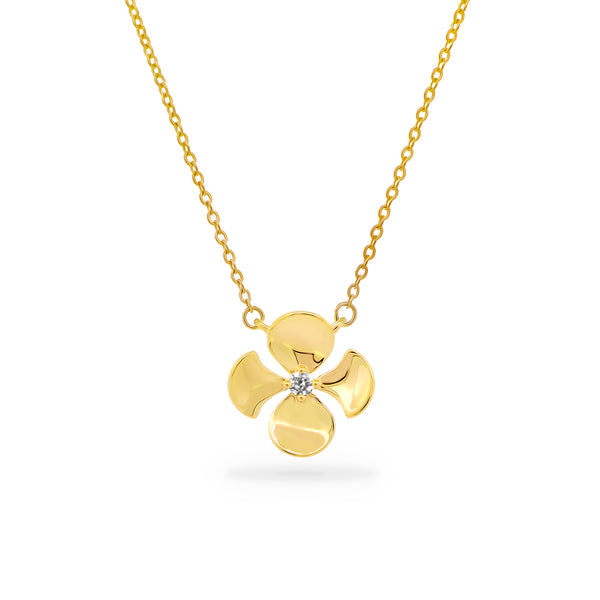 18K Yellow Gold Thin Chain Necklace with a Begonia Flower Charm with a Round Brilliant Diamond