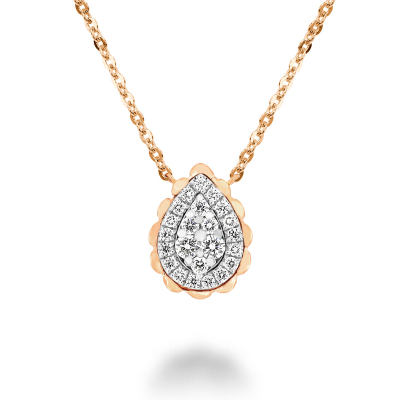 18K Gold Chain Necklace with a Tear Drop Shaped Pendant with Round Brilliant Diamonds. 