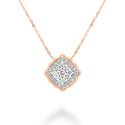 18K Gold Chain Necklace with a Square Shaped Pendant with Round Brilliant Diamonds. 