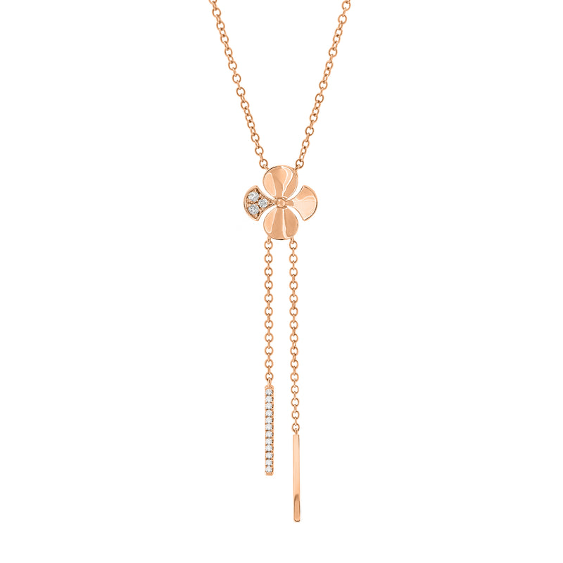 Y-Chain Style Necklace with a Begonia Flower Charm in the centre. Handcrafted in 18K Rose Gold and Round Brilliant Diamonds. 