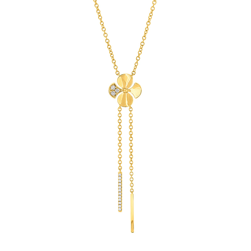 Y-Chain Style Necklace with a Begonia Flower Charm in the centre. Handcrafted in 18K Yellow Gold and Round Brilliant Diamonds. 