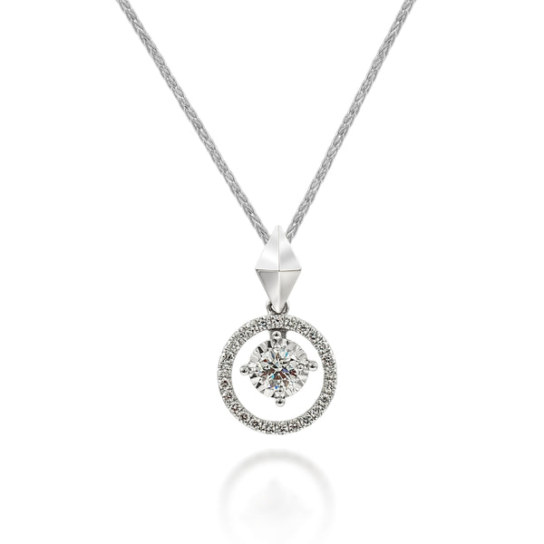 18K White Gold Necklace with Round Brilliant Centre-Stone Diamond and a diamond halo. 