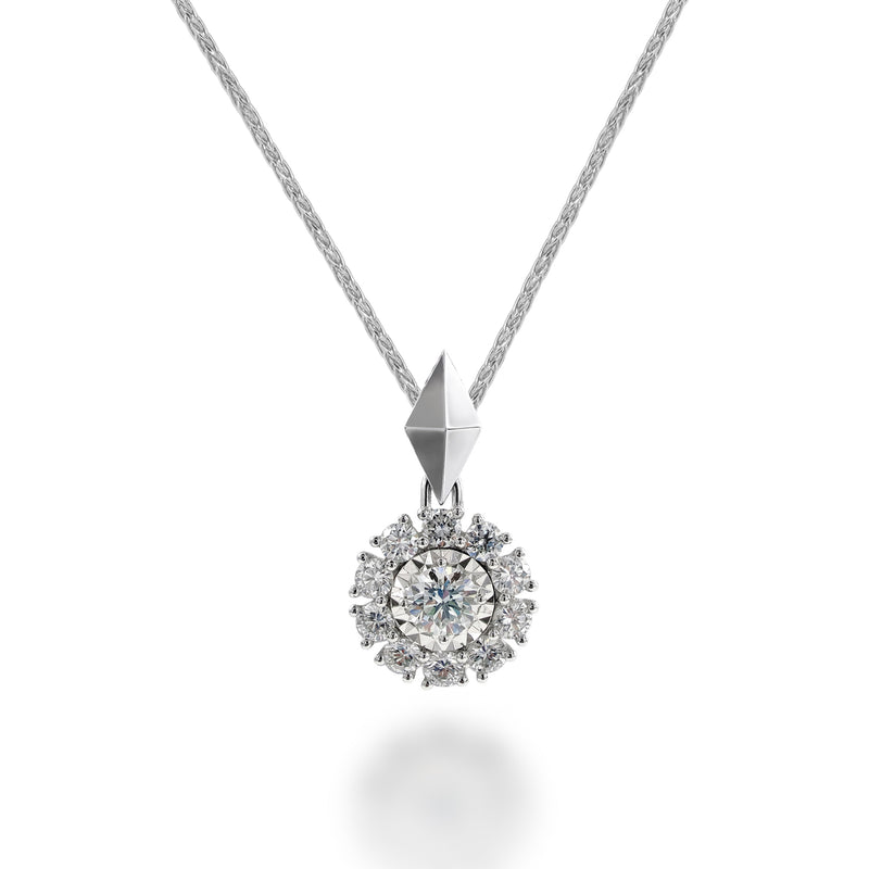 18K white gold necklace with ethically-sourced round brilliant centre-stone diamond and 10 smaller individual diamonds bordering the centre stone.