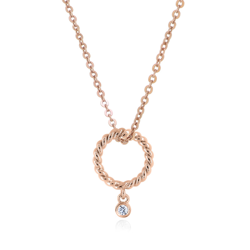 18K Rose Gold Round Twist Pendant with a Round Brilliant Diamond and Chain Necklace