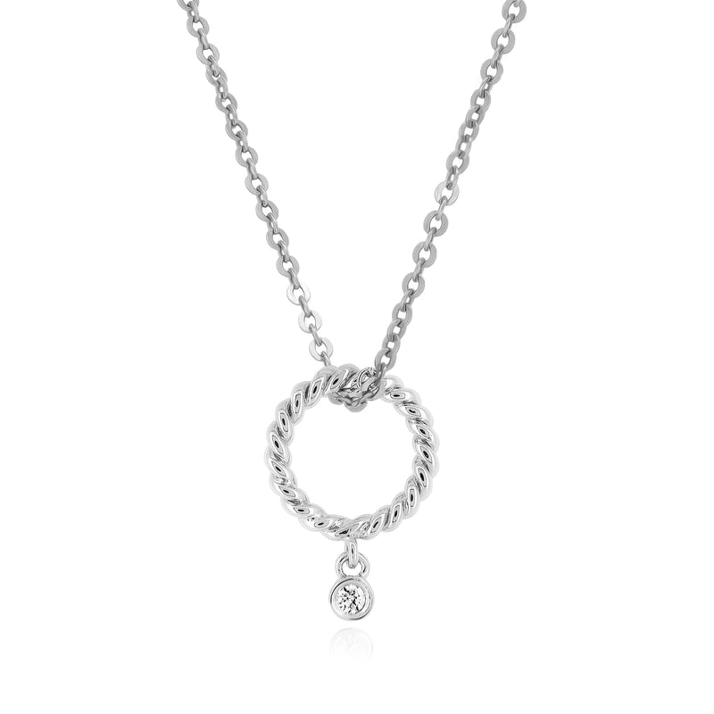 18K White Gold Round Twist Pendant with a Round Brilliant Diamond and Chain Necklace