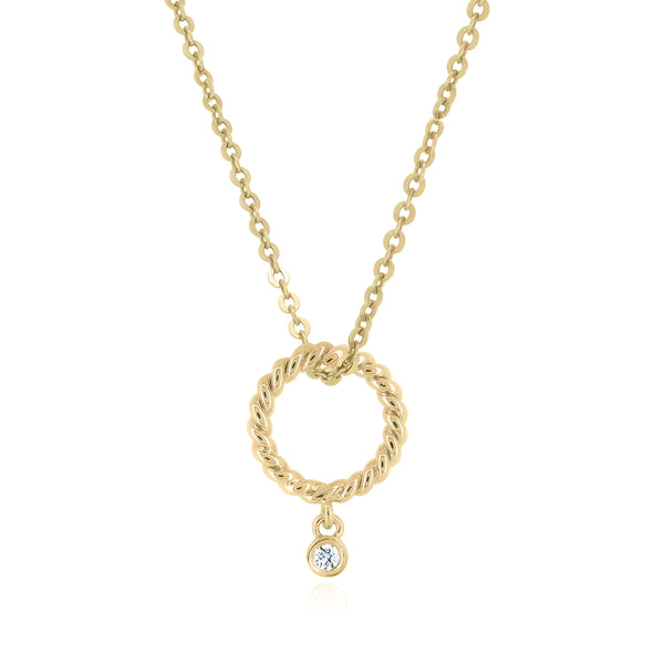 18K Yellow Gold Round Twist Pendant with a Round Brilliant Diamond and Chain Necklace