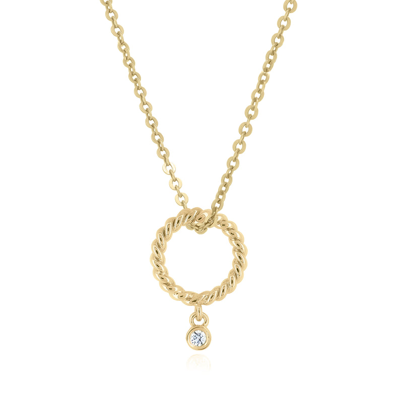 18K Yellow Gold Round Twist Pendant with a Round Brilliant Diamond and Chain Necklace