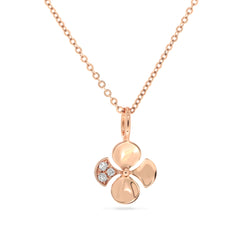 18K Rose Gold Thin Chain Necklace with a Begonia Flower Charm. One petal includes three Round Brilliant Diamonds