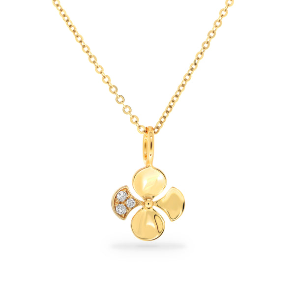 18K Yellow Gold Thin Chain Necklace with a Begonia Flower Charm. One petal includes three Round Brilliant Diamonds