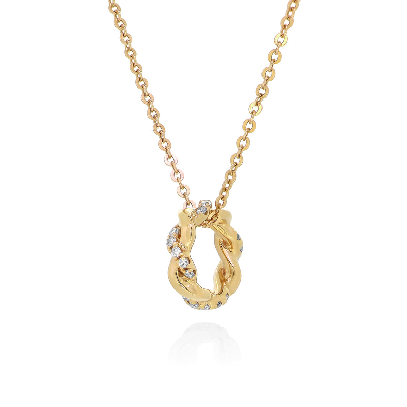 18K Yellow Gold Necklace Pendant with a Twist Pattern Ring Pendant and round brilliant diamonds.