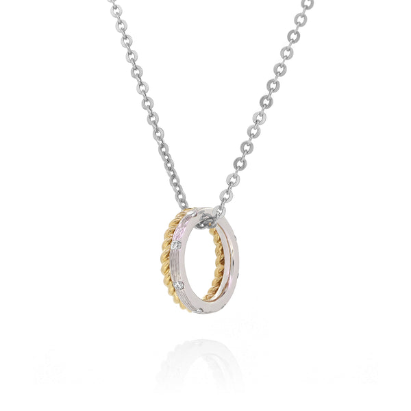 18K gold chain necklace with a double ring pendant. One ring features our signature twist pattern in yellow gold, and the other is white gold with ethically-sourced round brilliant diamonds