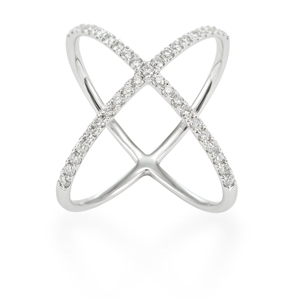 18K White Gold Ring in an "X" Design with Round Brilliant Diamonds