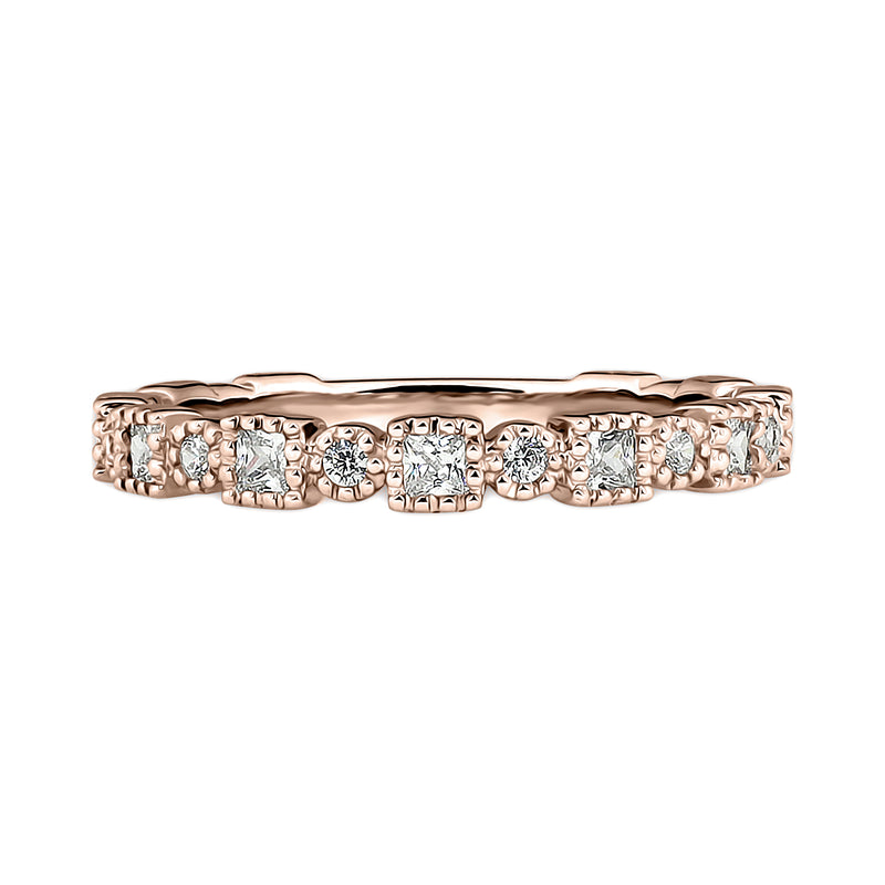18K Rose Gold Ring Band with Round Brilliant and Princess Cut Diamonds