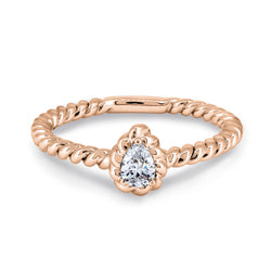 18K rose gold ring with ethically-sourced pear-shaped diamond and twist band.