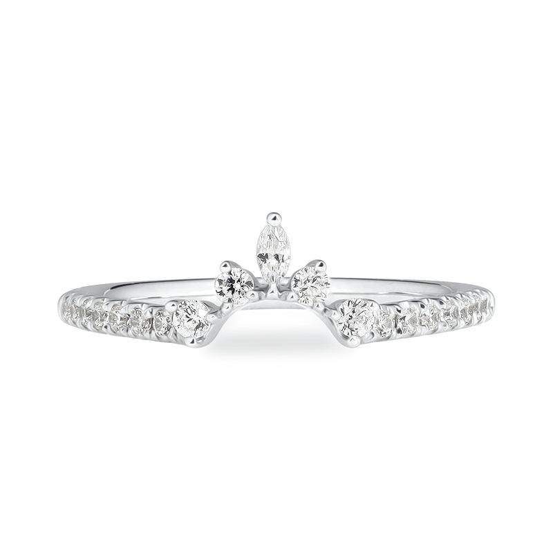 Crown style ring band. 18K white gold with ethically-sourced round brilliant diamonds