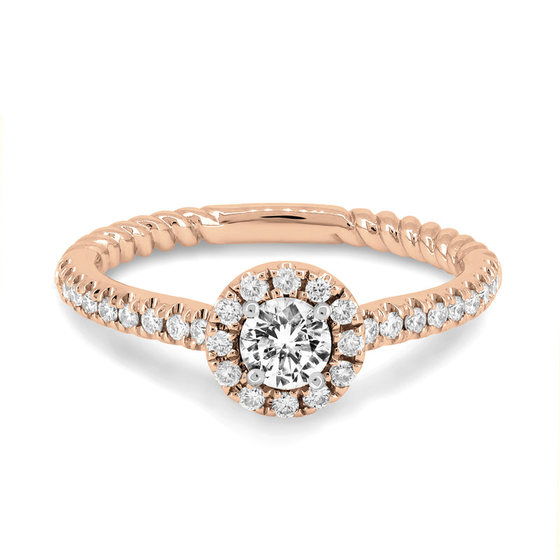 18K rose gold ring with a round brilliant diamond centre stone and diamond band.