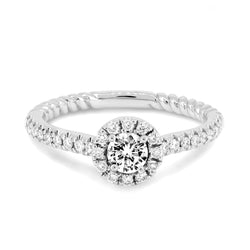 18K white gold ring with a round brilliant diamond centre stone and diamond band.