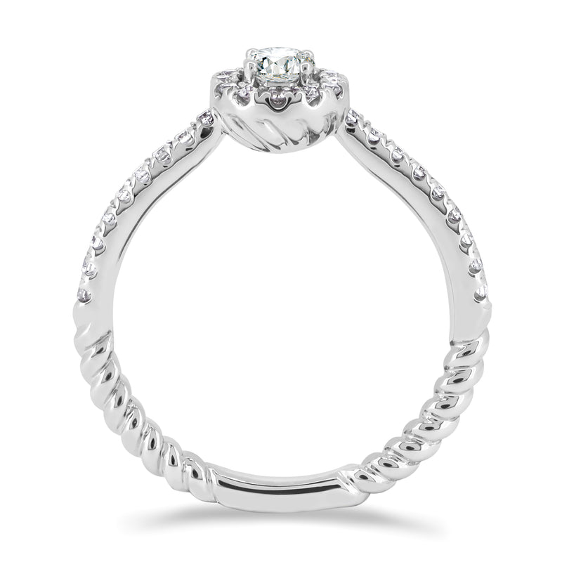18K white gold ring with a round brilliant diamond centre stone and diamond band.