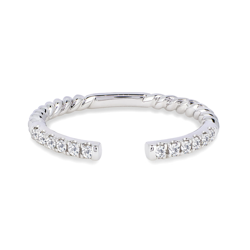 18K White Gold Ring Band with Round Brilliant Diamonds and a Twist Band Design. 