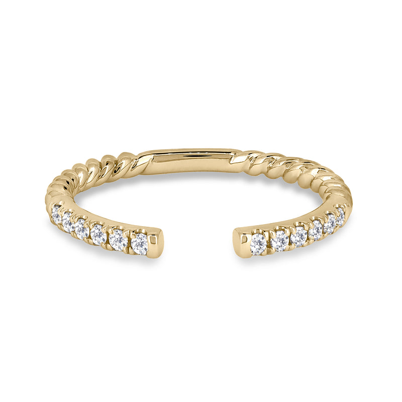 18K Yellow Gold Ring Band with Round Brilliant Diamonds and a Twist Band Design. 