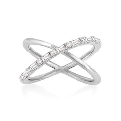 X style ring handcrafted in 18K white gold with ethically-sourced baguette and round brilliant diamonds