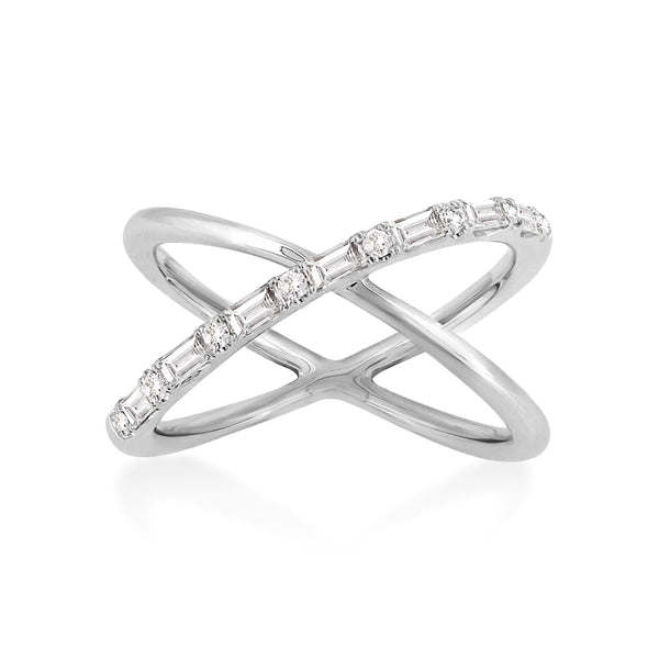 X style ring handcrafted in 18K white gold with ethically-sourced baguette and round brilliant diamonds