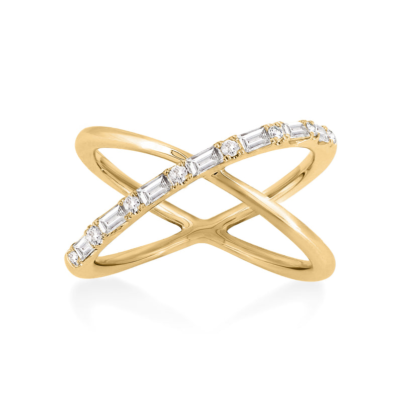 X style ring handcrafted in 18K yellow gold with ethically-sourced baguette and round brilliant diamonds