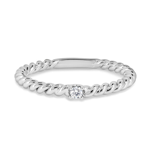 Rope style ring with a diamond centre-stone. Handcrafted in 18K white gold with a round brilliant diamond.