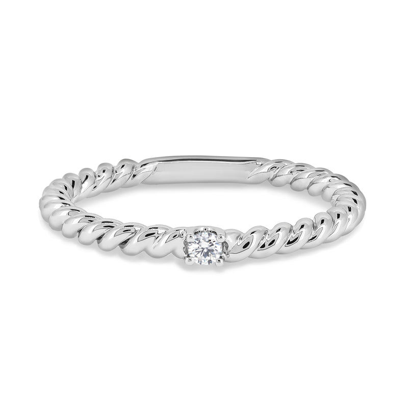 Rope style ring with a diamond centre-stone. Handcrafted in 18K white gold with a round brilliant diamond.