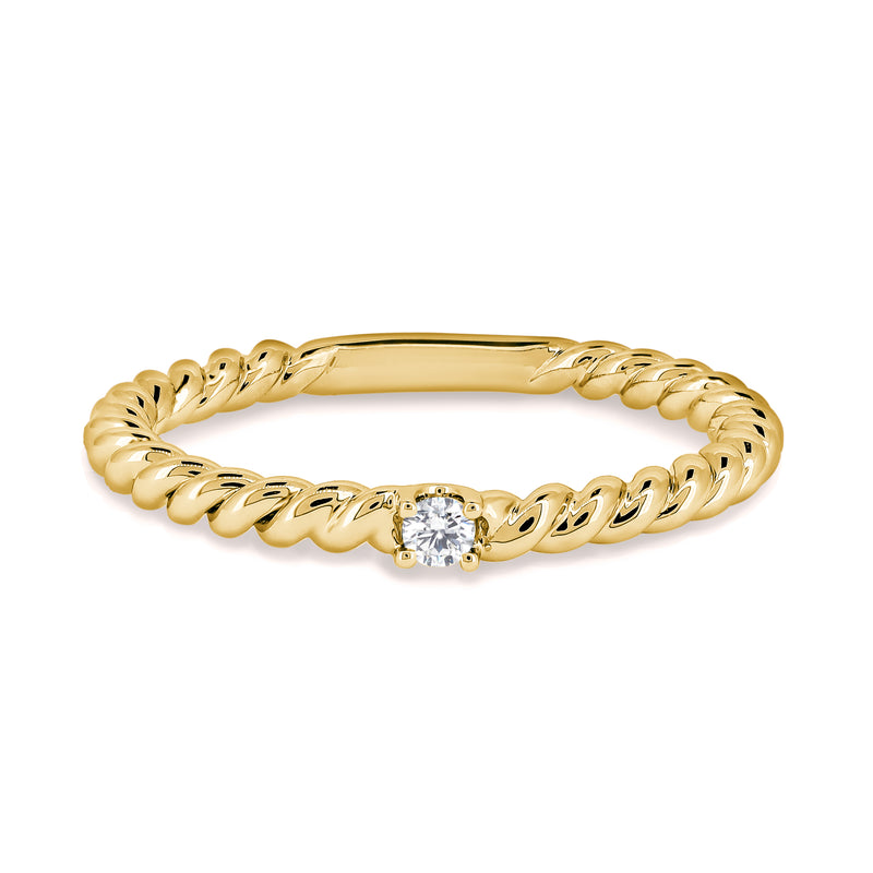 Rope style ring with a diamond centre-stone. Handcrafted in 18K yellow gold with a round brilliant diamond.