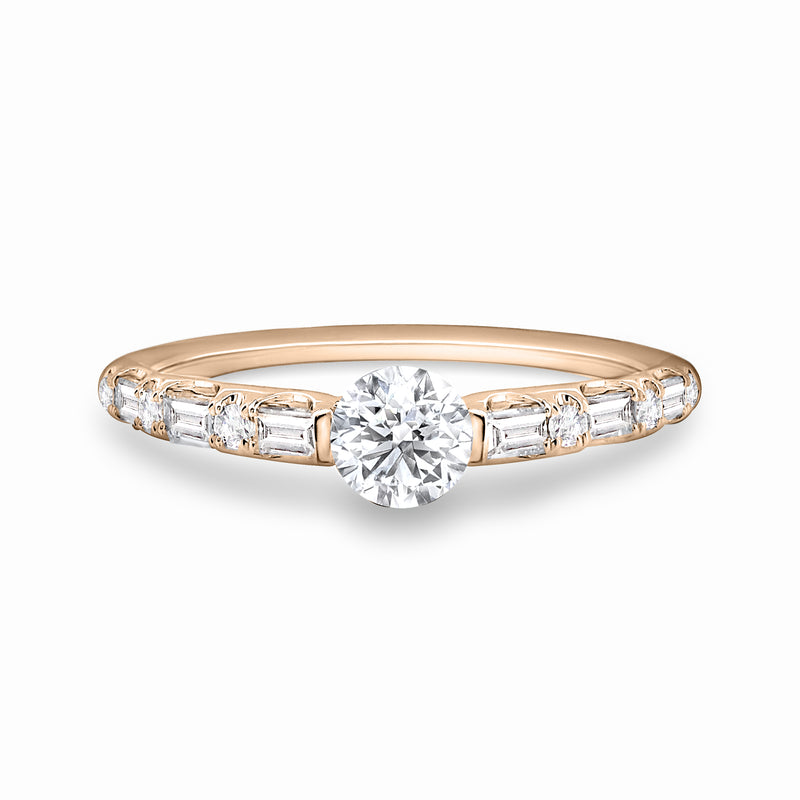 18K Rose Gold Ring with Round Brilliant and Baguette Diamonds. 