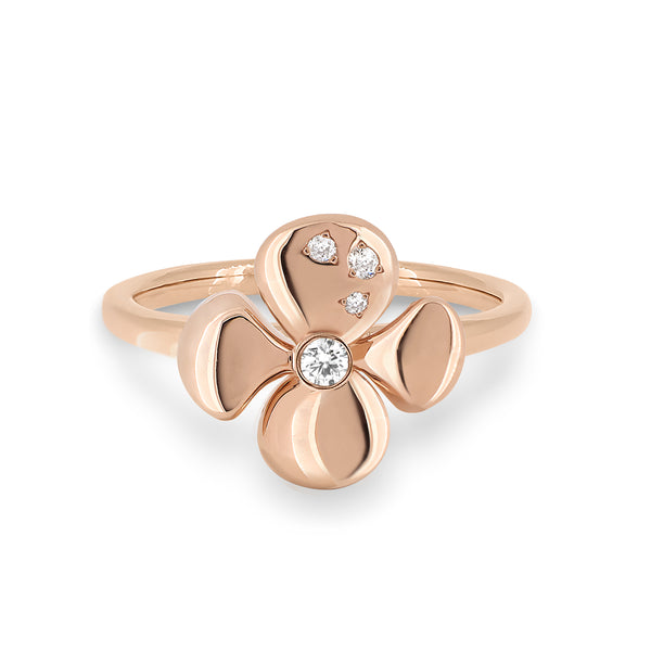 Begonia Flower Shaped Ring with a Diamond centre-stone. Handcrafted in 18K Rose Gold and Round Brilliant Diamonds.
